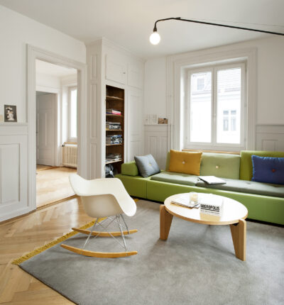 zwinglistrasse, zurich, architecture, design, hay design, sofa, wood, lounge table, prouvé wall lamp, eams rocking chair
