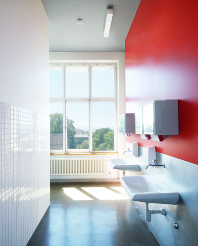 UZH, university, zurich, architecture, bathroom, red